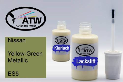 Nissan, Yellow-Green Metallic, ES5: 20ml Lackstift + 20ml Klarlack - Set, von ATW Autoteile West.